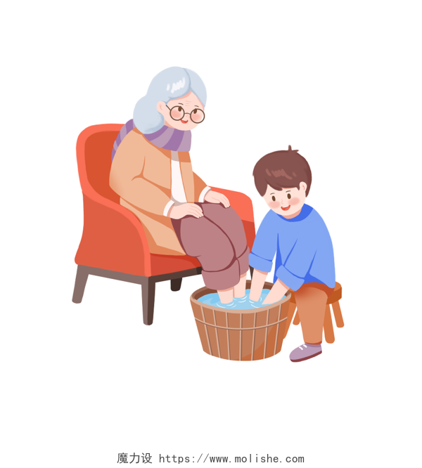 卡通道德孝道孝敬老人照顾老人小男孩给奶奶洗脚插画
